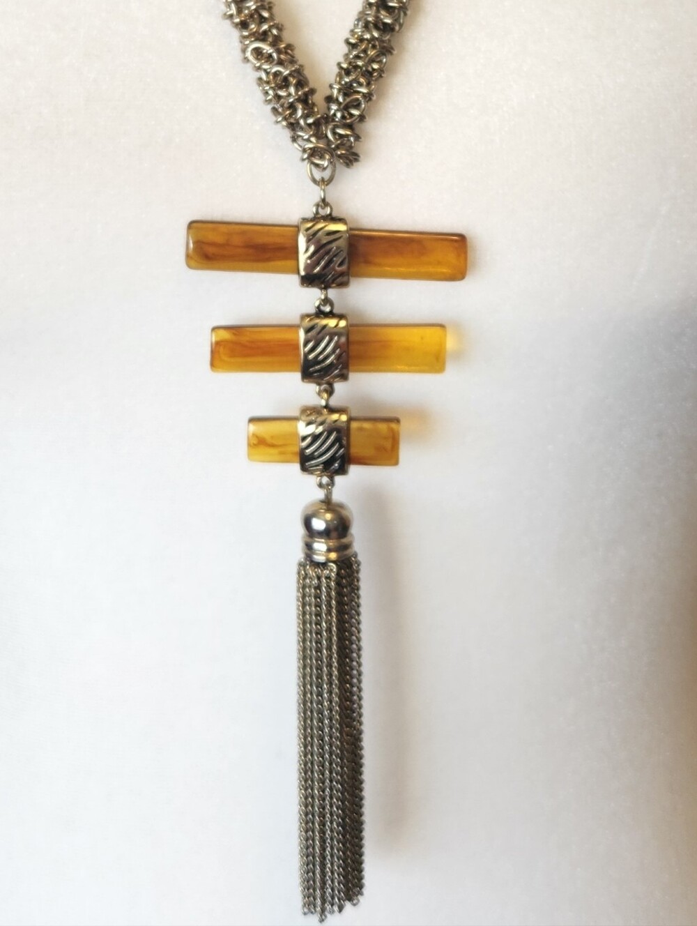 90s CHICO'S BOHO AMBER LUCITE MIXED METAL CHAIN STATEMENT TASSEL LONG NECKLACE - Picture 3 of 8